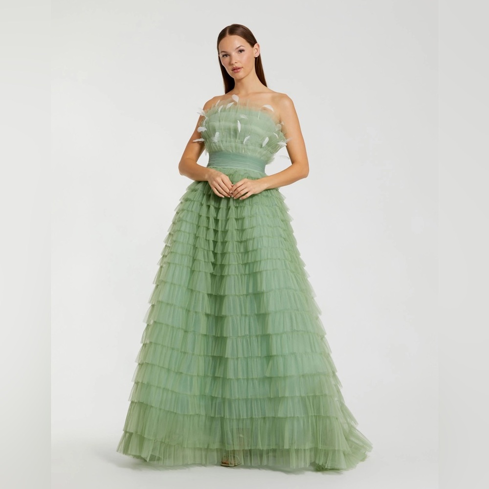 Mac Duggal 20530 Feather Strapless Tulle Sage Green Dress Ruffled Gown NWT